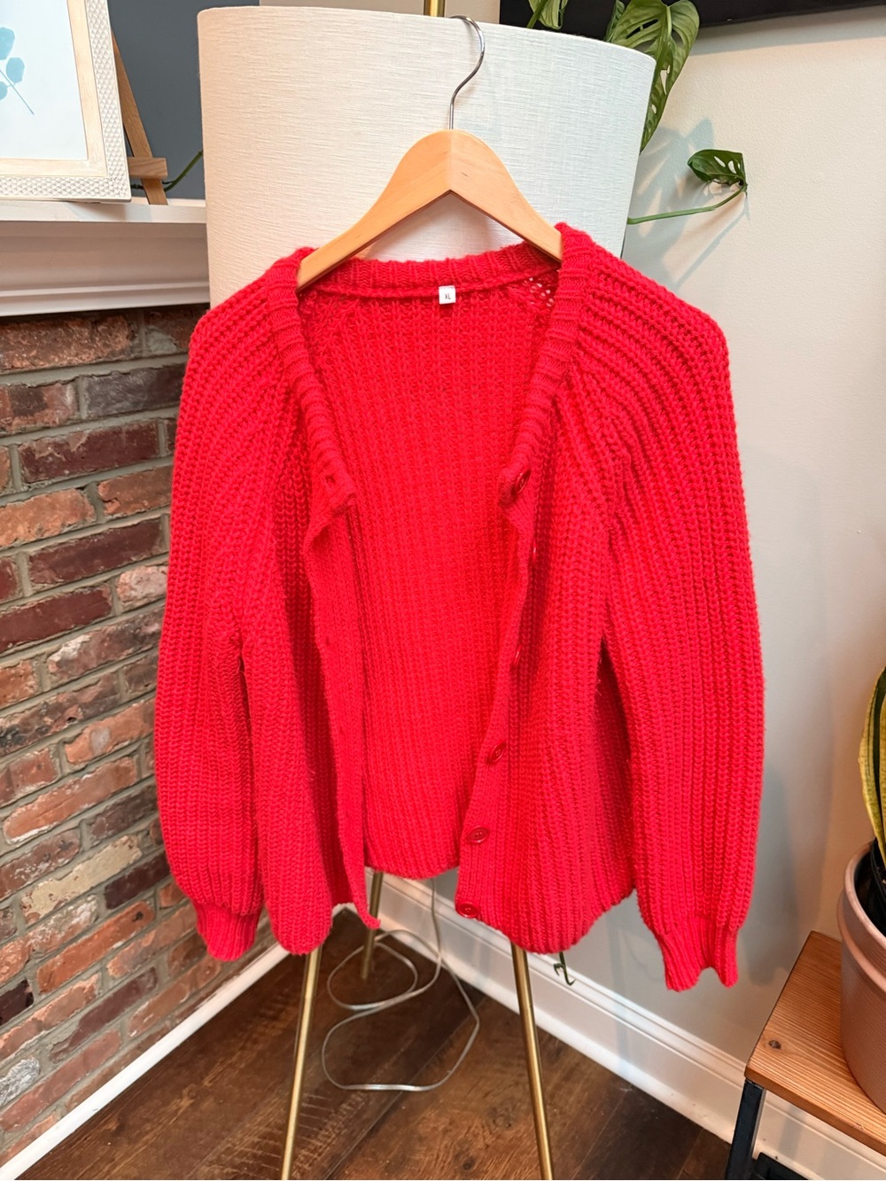 Red Chunky Knit Cardigan Sweater - Women